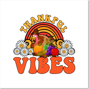 Thankful Vibes Turkey Rainbow Funny Retro Thanksgiving Women Posters and Art